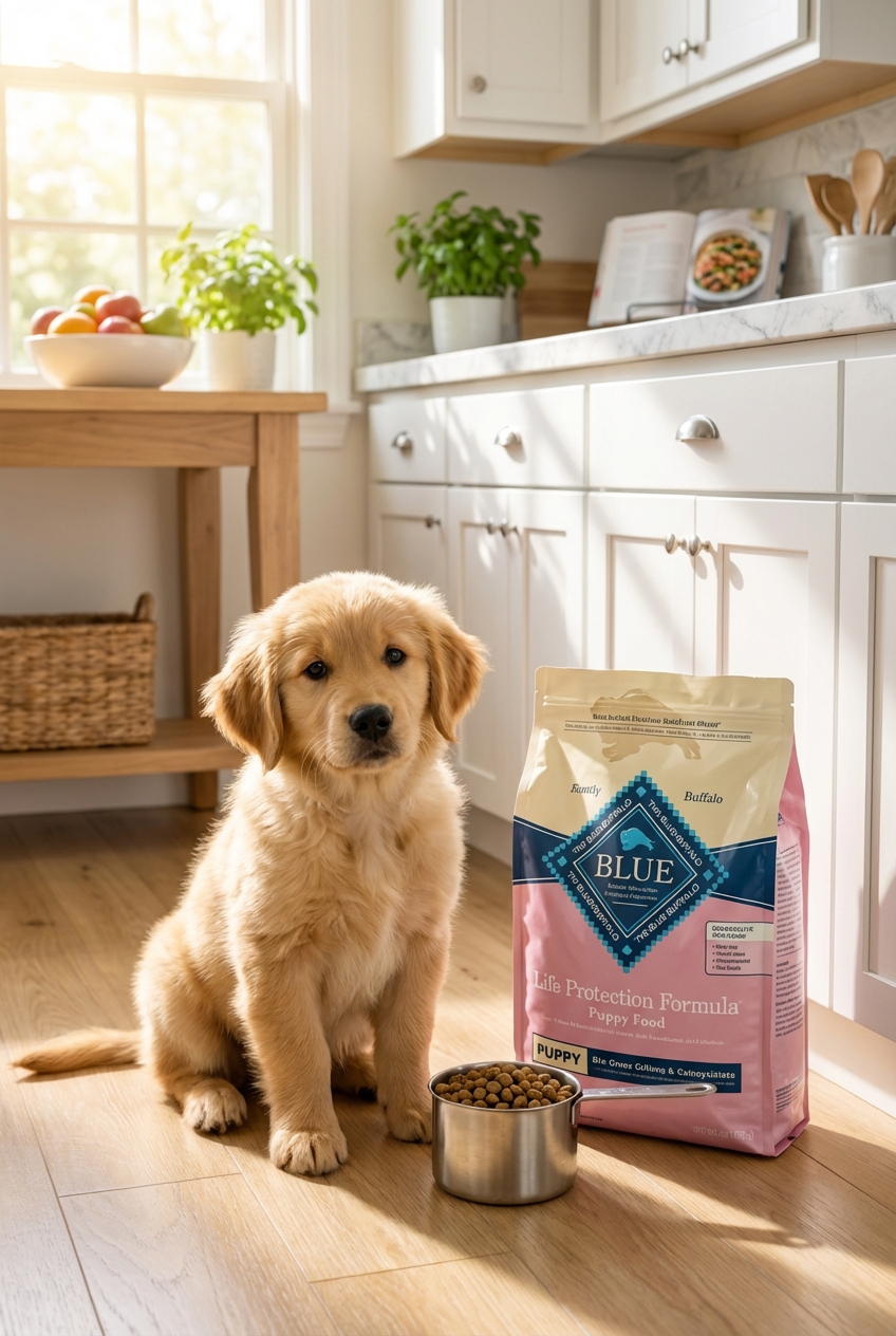 A puppy sitting beside a measuring cup and a bag of puppy food in a bright kitchen