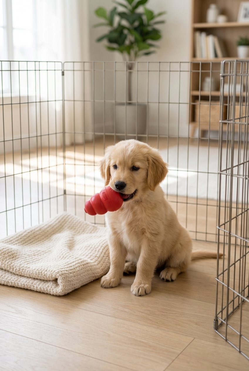 A puppy sitting calmly in a playpen chewing a stuffed rubber toy while a blanket lies nearby