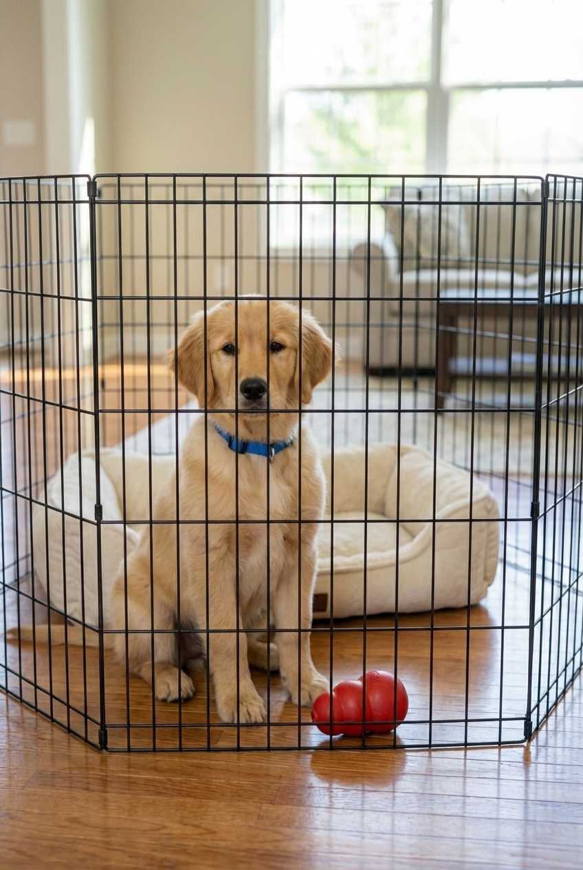 A puppy sitting calmly in an exercise pen indoors with a chew toy and a dog bed