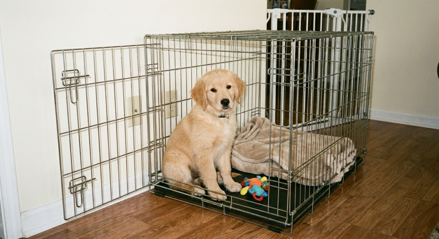 A puppy sitting calmly inside an open crate with a chew toy and folded blanket