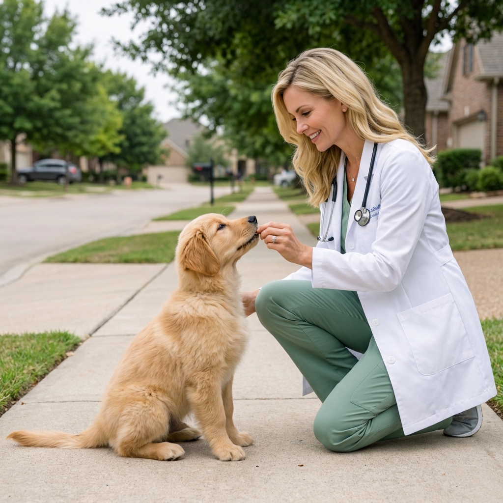 A puppy sitting calmly on a sidewalk while a person offers a treat and a quiet street is in the background