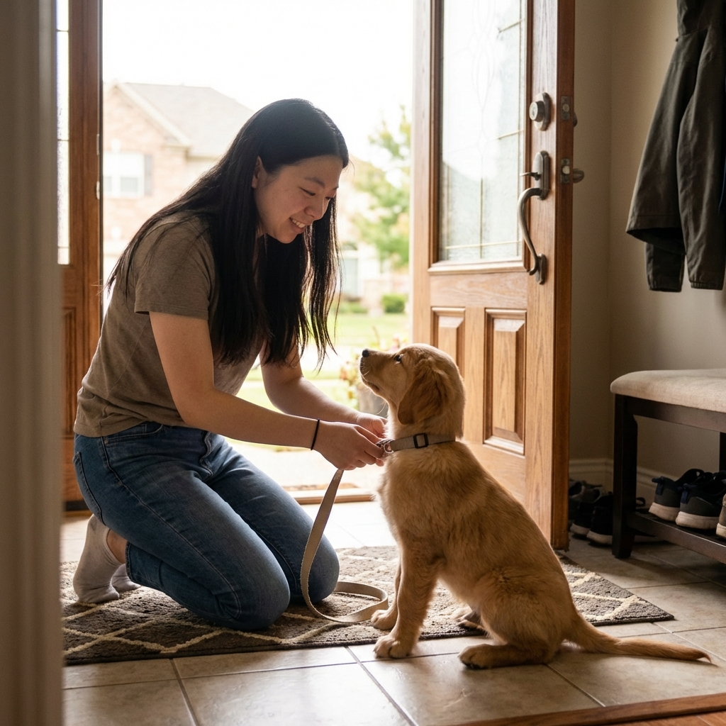 A puppy sitting calmly while a person clips on a leash in a front entryway