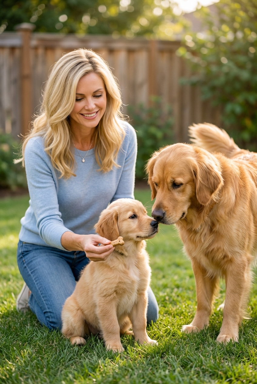 A puppy sitting calmly while an adult dog sniffs, with a person offering a small treat