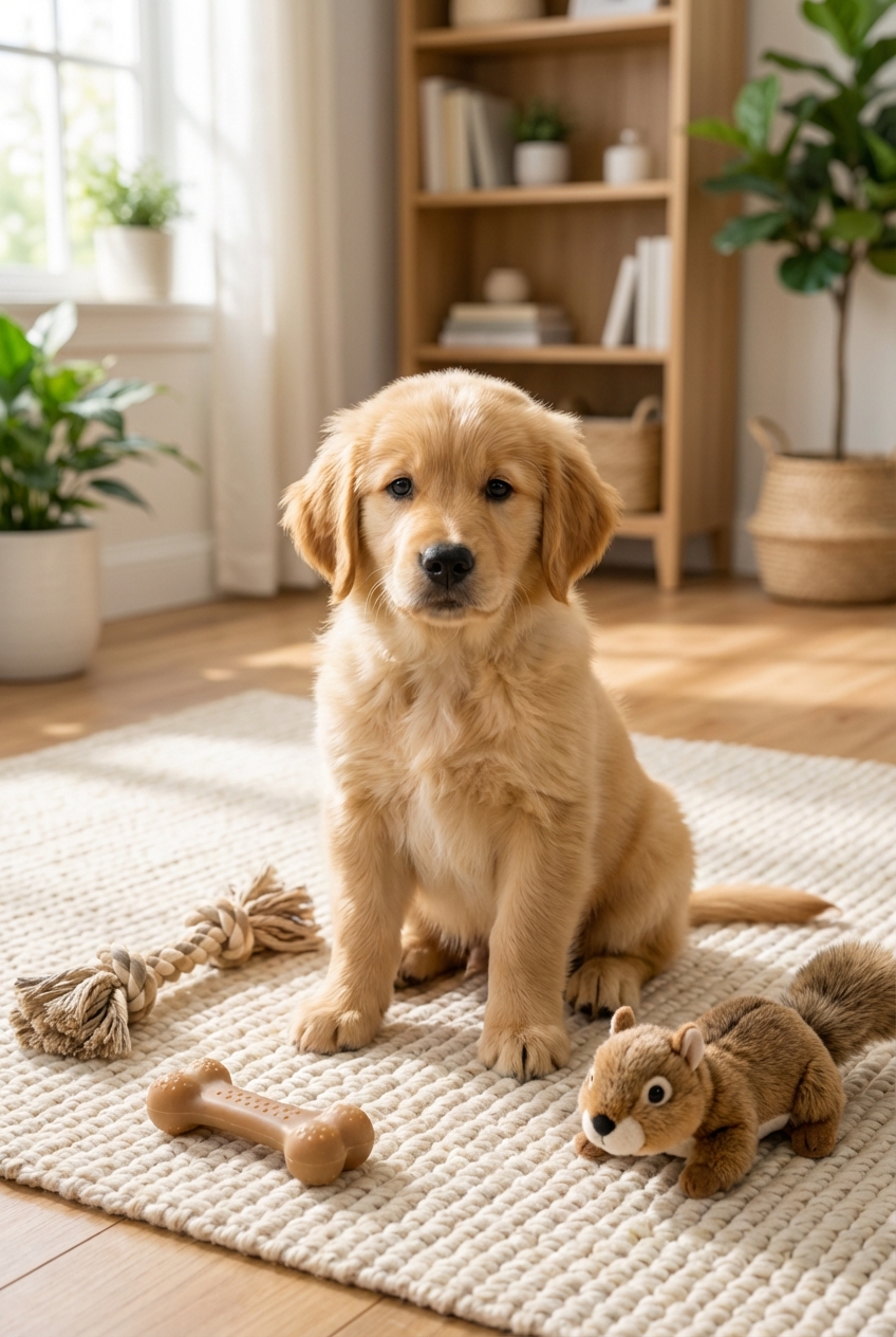 A puppy sitting on a rug with several chew toys scattered nearby