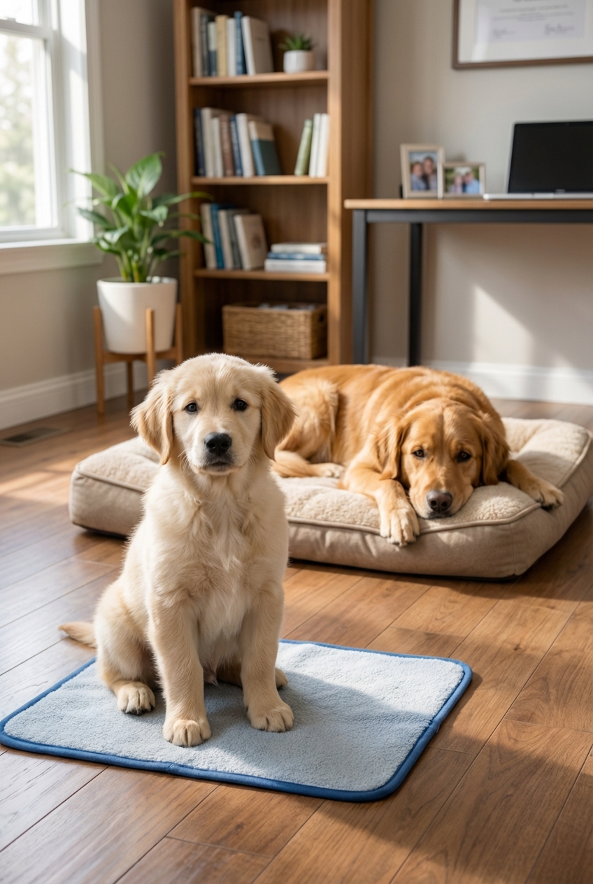 A puppy sitting on a small training mat indoors while an adult dog relaxes on a nearby dog bed