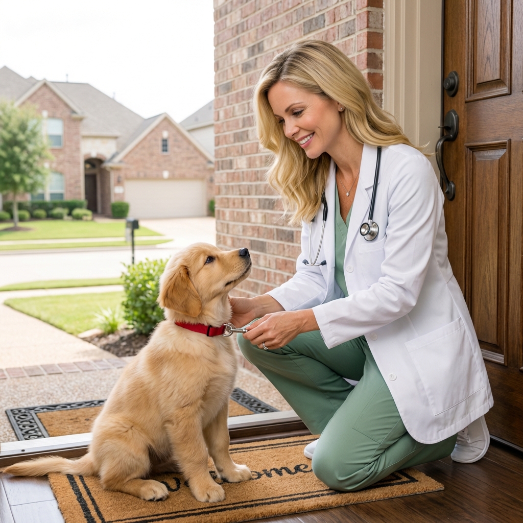 A puppy sitting politely by a front door while an owner holds a leash clip near the puppy's collar
