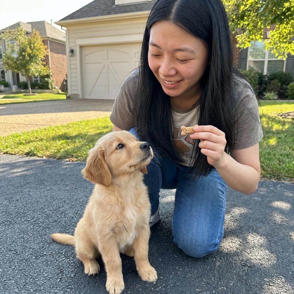 A puppy sitting politely while an owner holds a treat near their chest