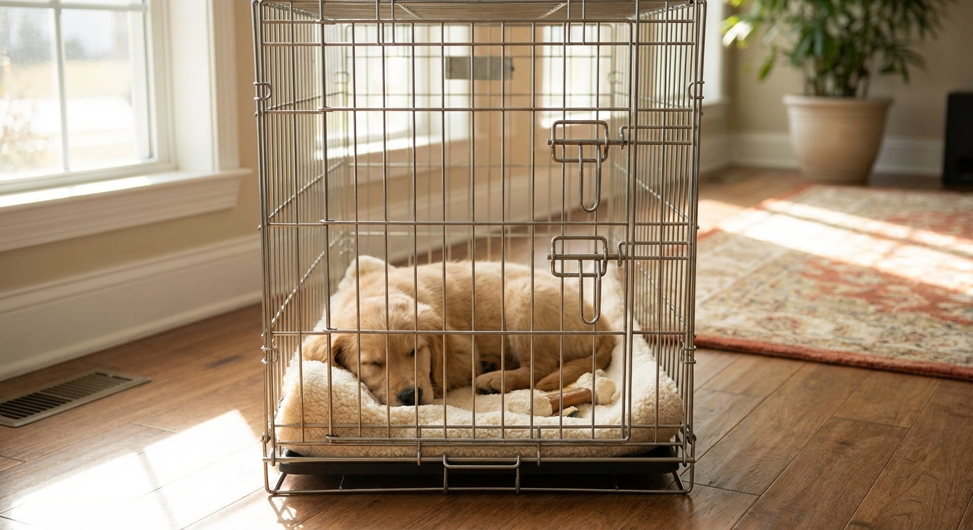 A puppy sleeping peacefully in a crate with the door closed
