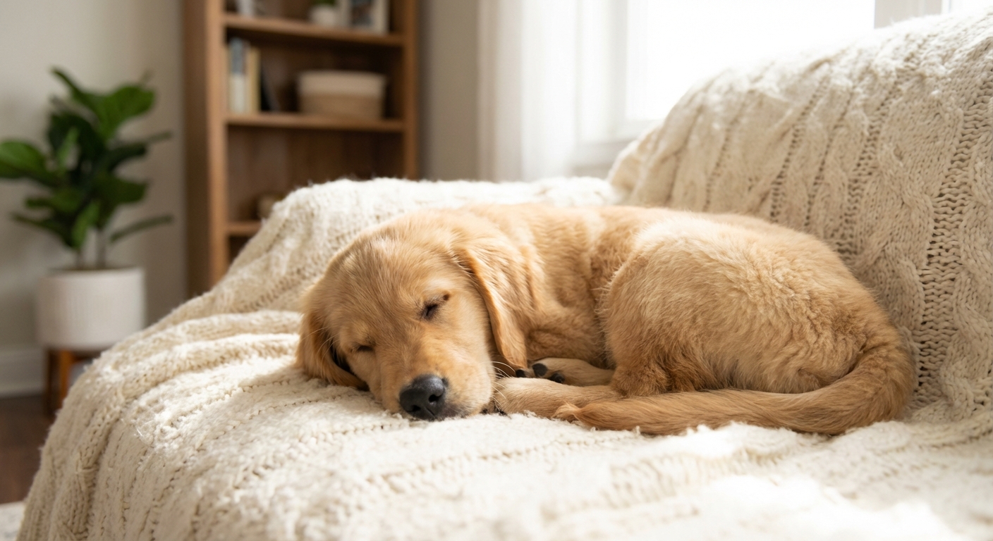 A puppy sleeping peacefully on a soft blanket at home