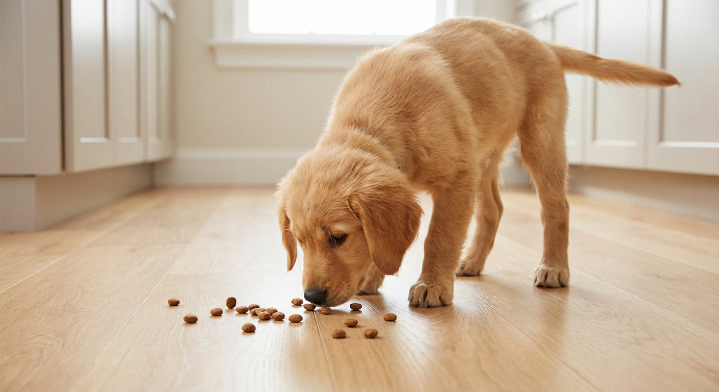 A puppy sniffing for scattered kibble on a clean kitchen floor