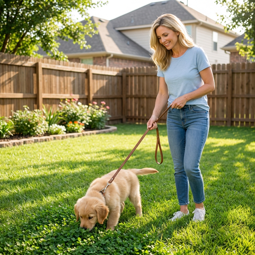 A puppy sniffing grass in a backyard while a person stands nearby holding a leash