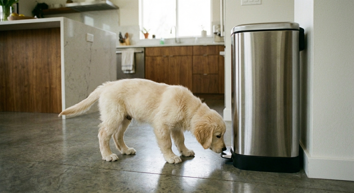 A puppy sniffing near a closed trash can in a home kitchen