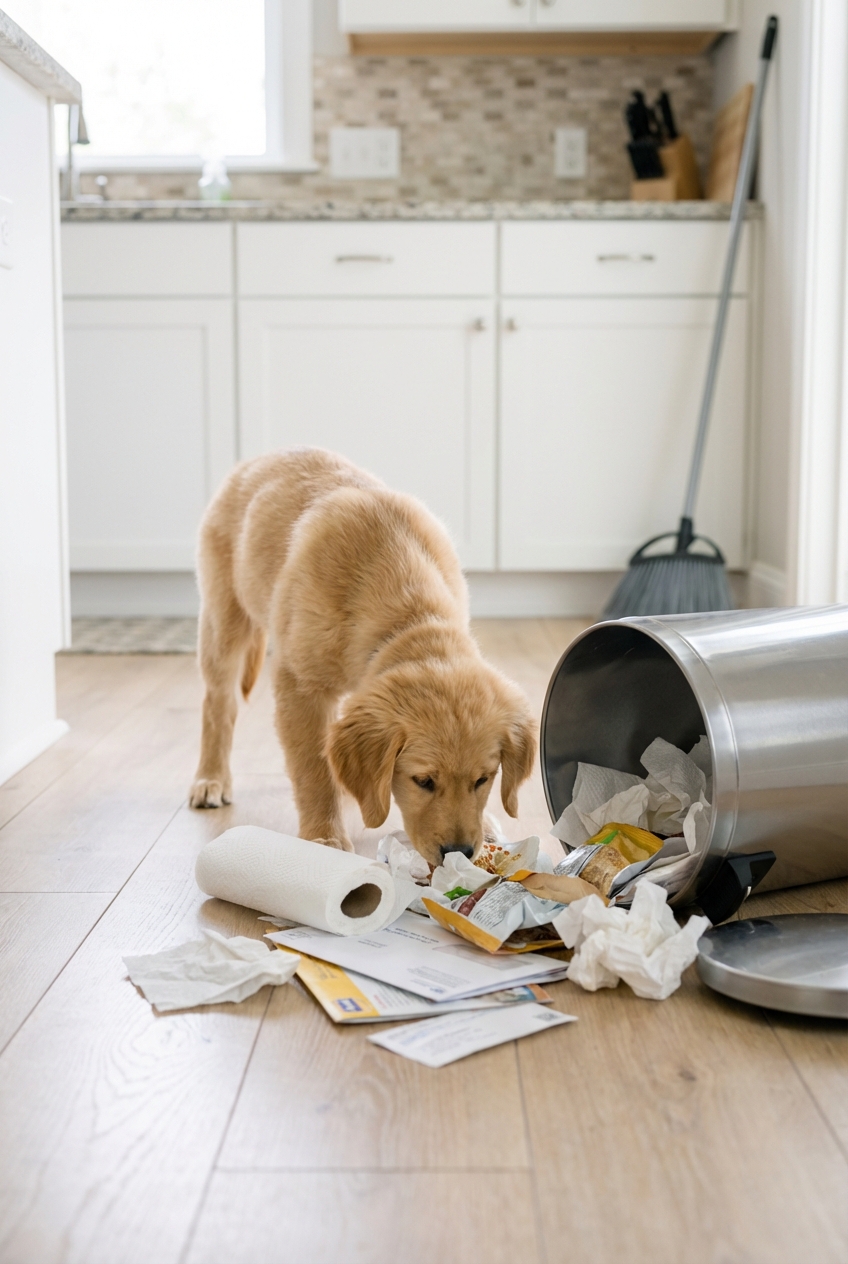 A puppy sniffing near a tipped-over trash can in a kitchen with scattered paper on the floor