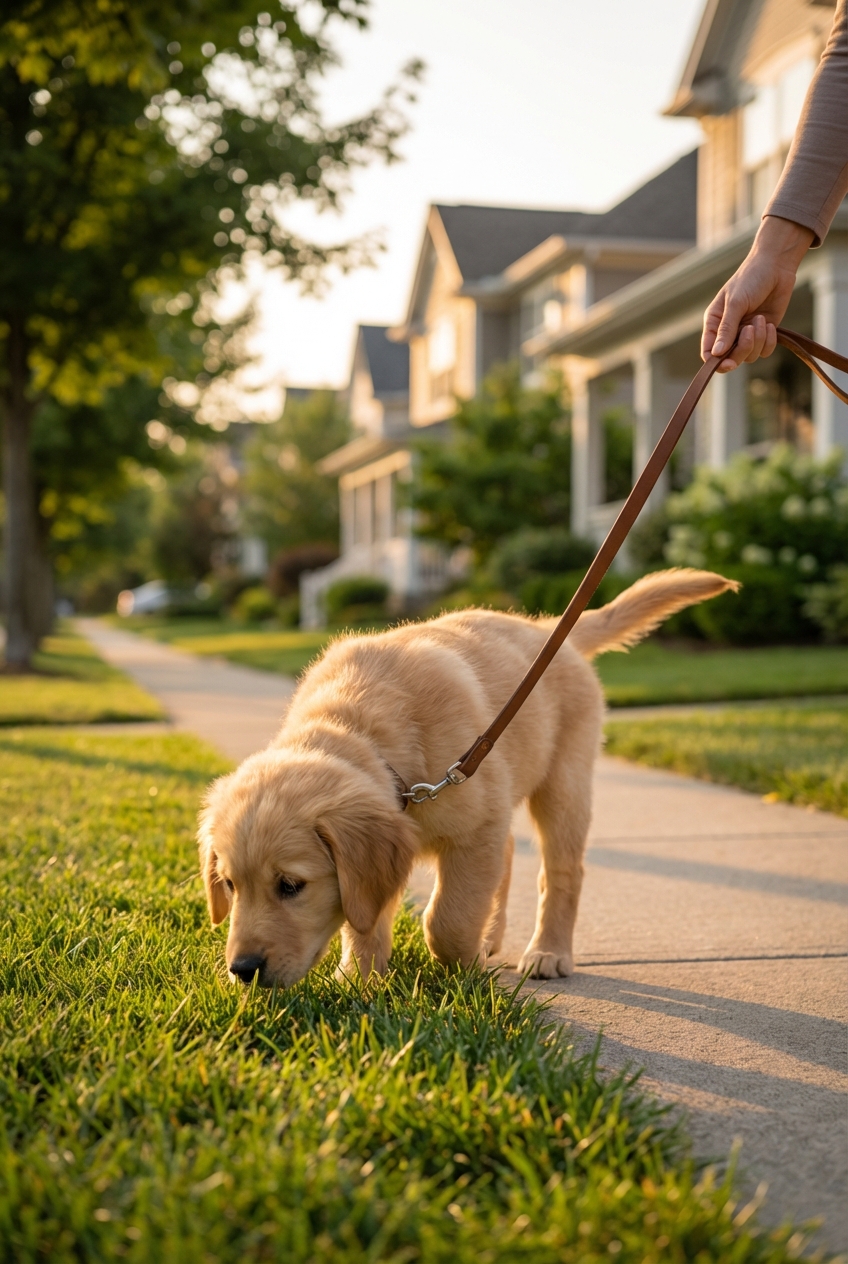 A puppy sniffing the grass on a leash during a calm evening walk in a suburban neighborhood