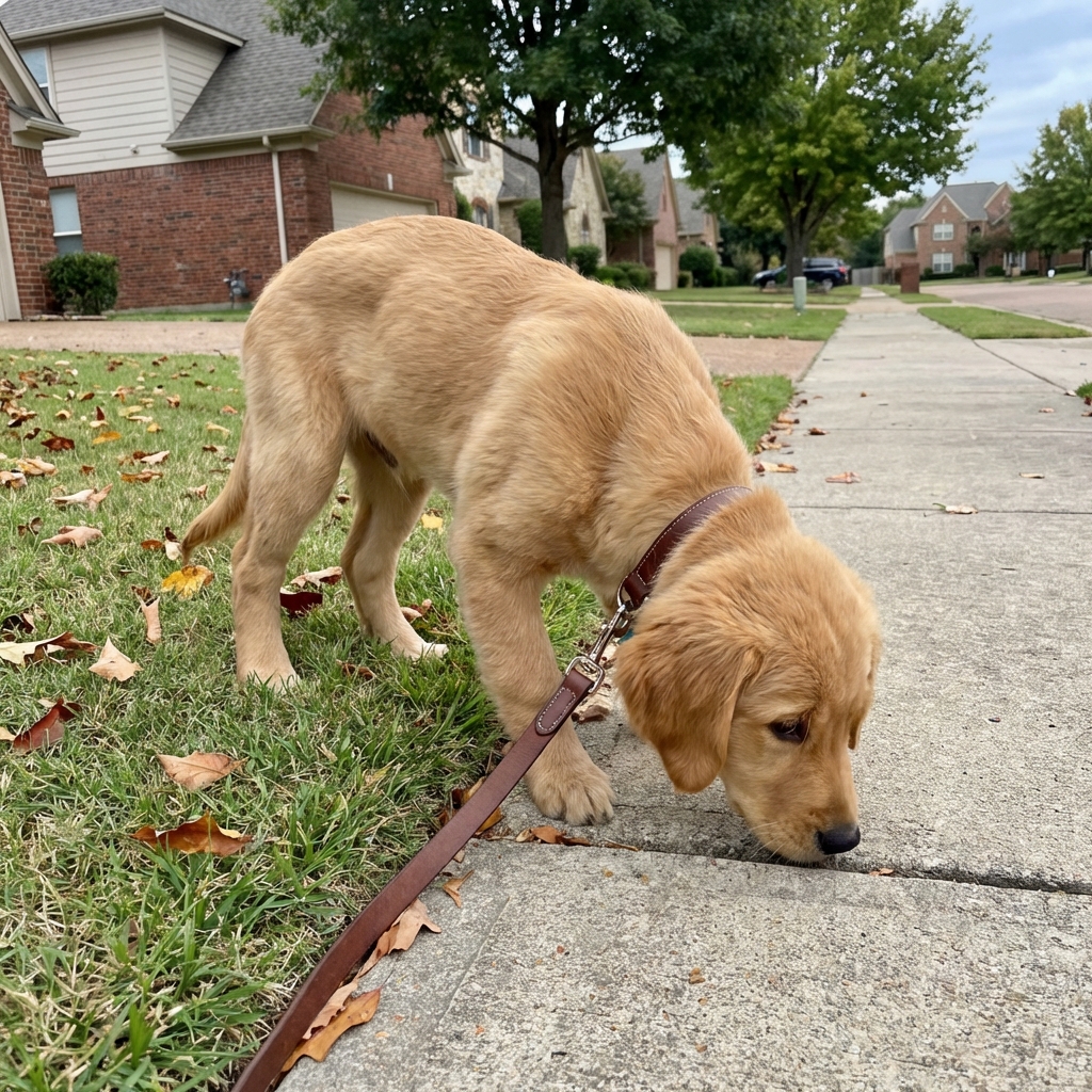 A puppy sniffing the ground near a sidewalk in a neighborhood