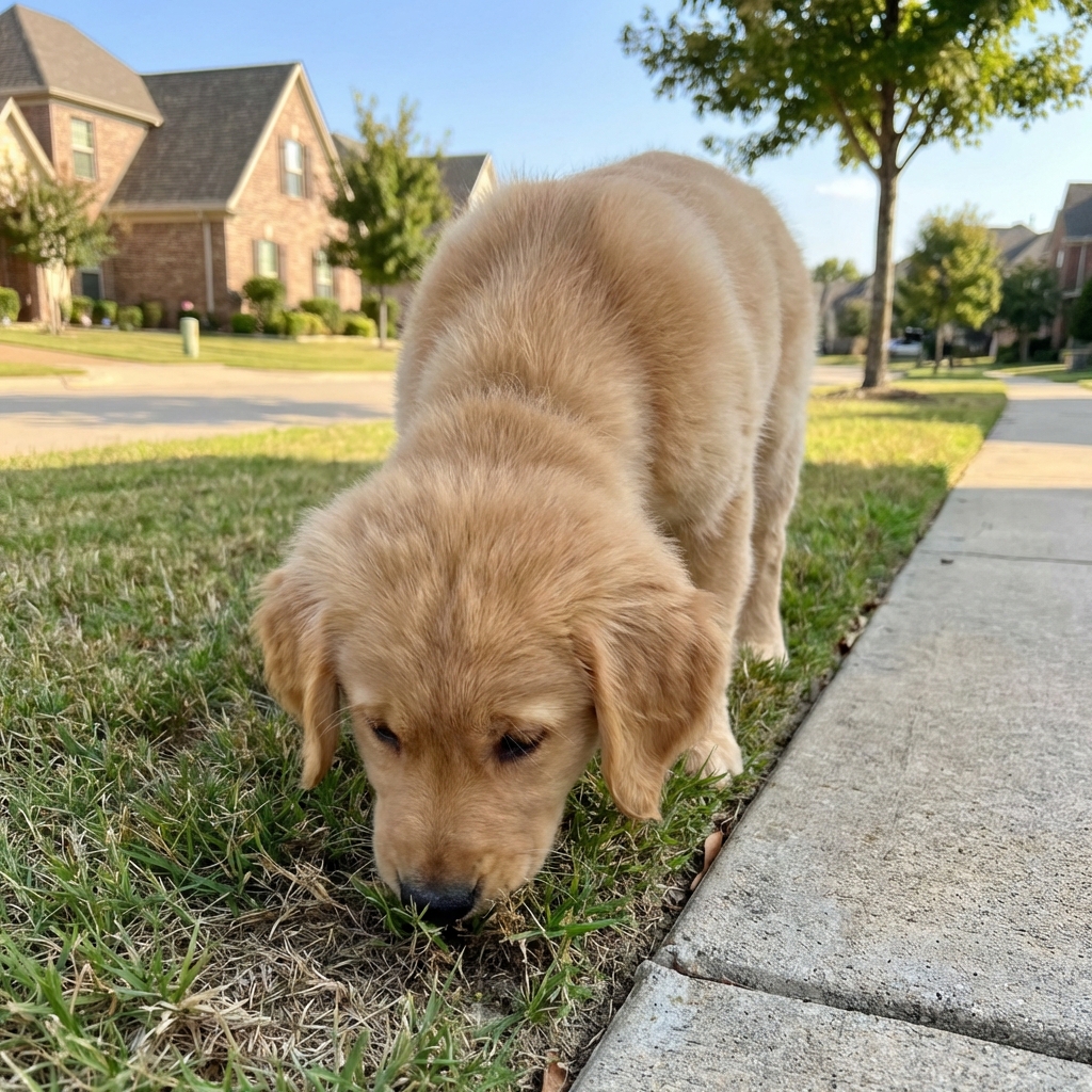 A puppy sniffing the ground near a sidewalk in a neighborhood