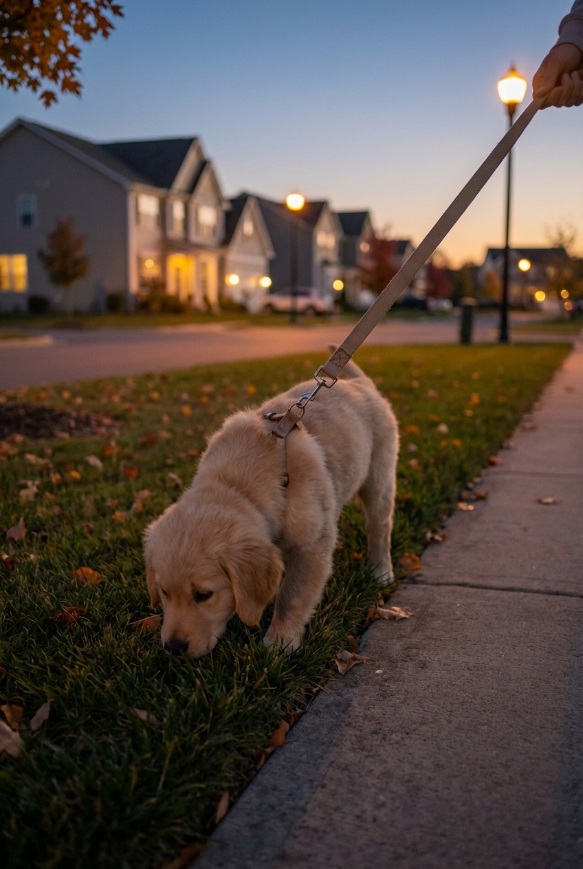 A puppy sniffing the ground on a leash during a quiet evening walk in a neighborhood