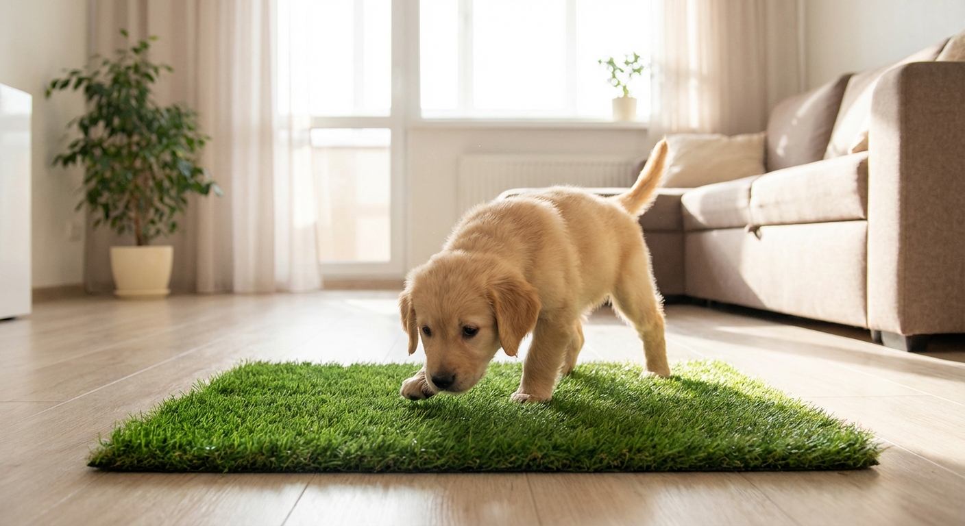 A puppy stepping onto a small indoor grass potty patch in a bright apartment