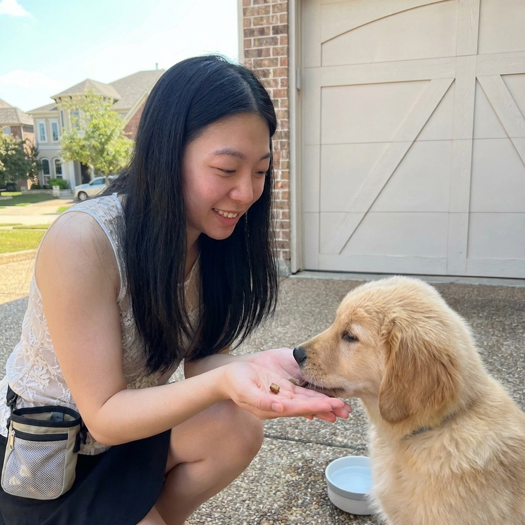 A puppy touching its nose to an owner’s open palm during a short training session