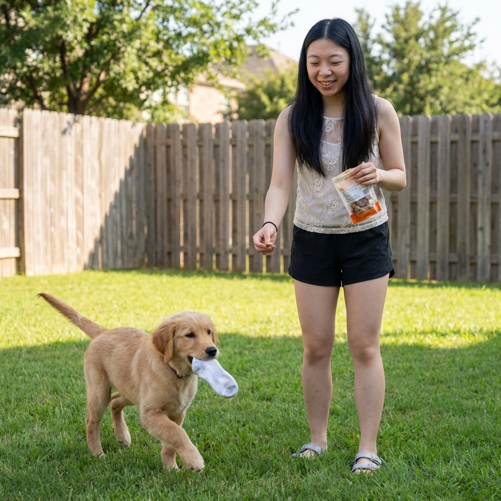 A puppy trotting away in a backyard with a sock in its mouth while an owner stands still holding treats