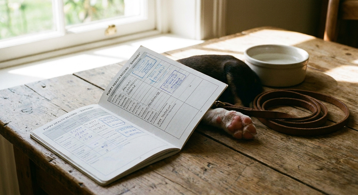 A puppy vaccination record booklet on a table next to a leash and a small puppy paw