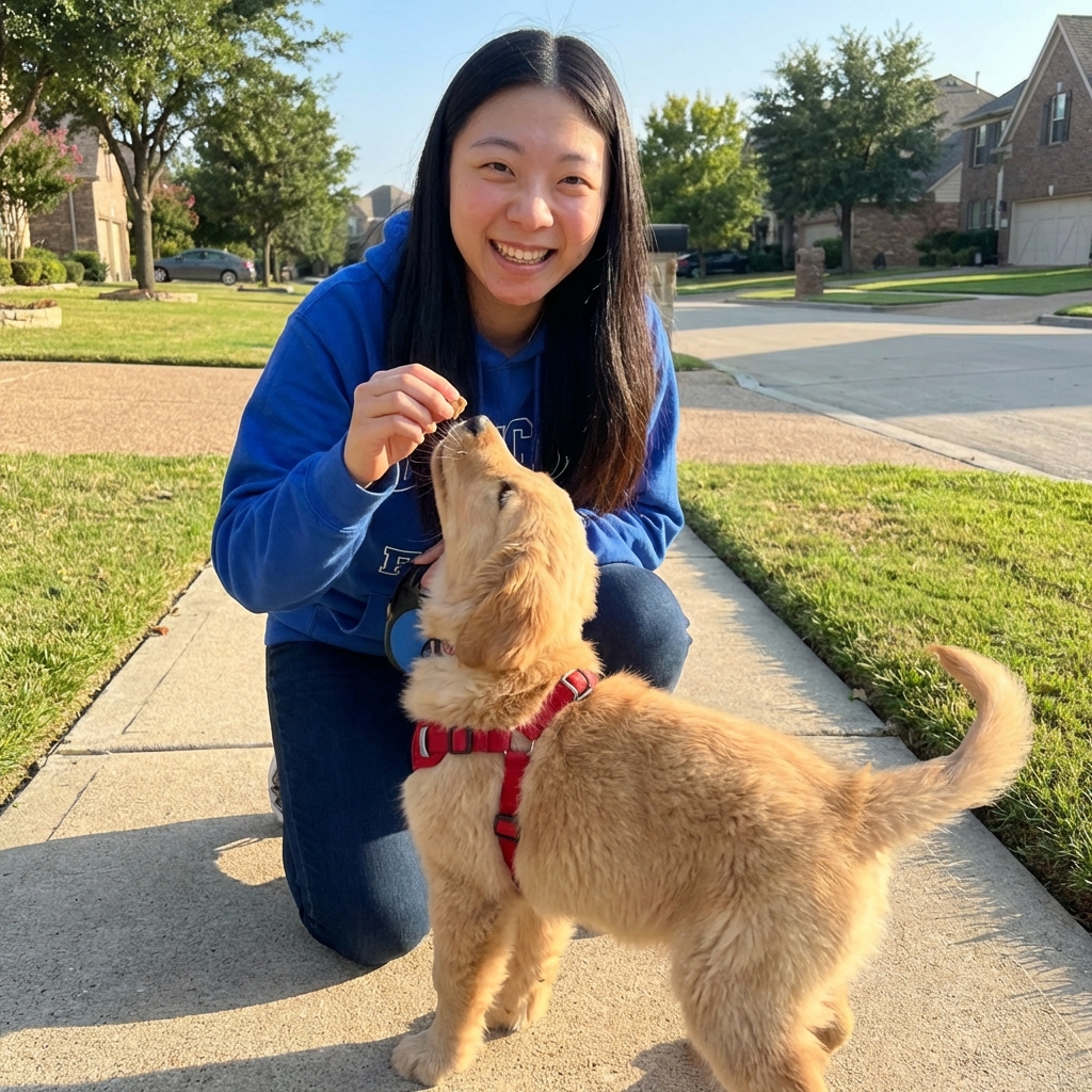 A puppy wearing a front-clip harness on a quiet sidewalk while the owner rewards with a treat