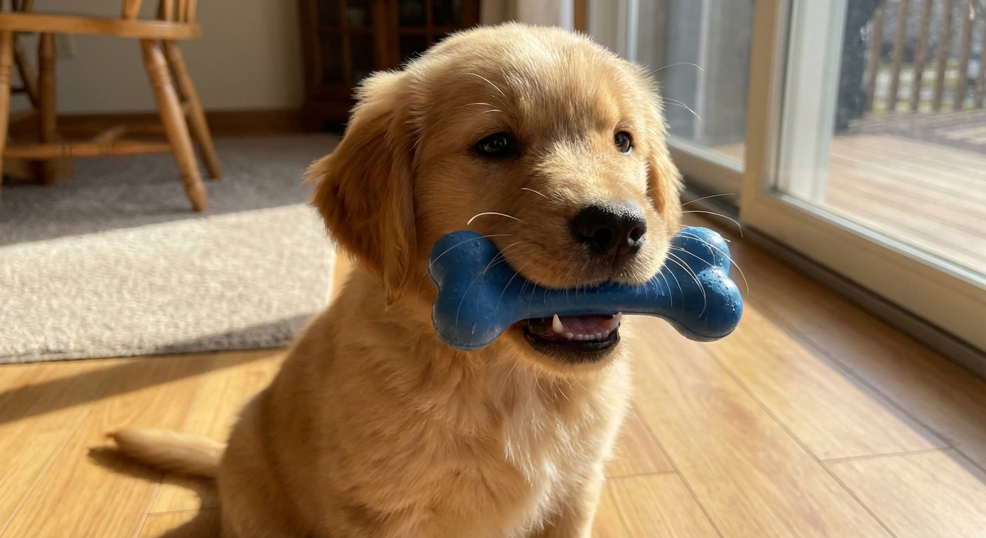 A puppy with a slightly open mouth holding a chew toy, showing small teeth