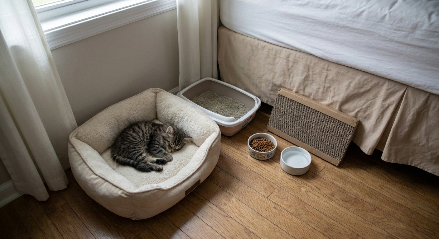 A quiet bedroom corner with a kitten bed, small litter box, food and water bowls, and a cardboard scratcher