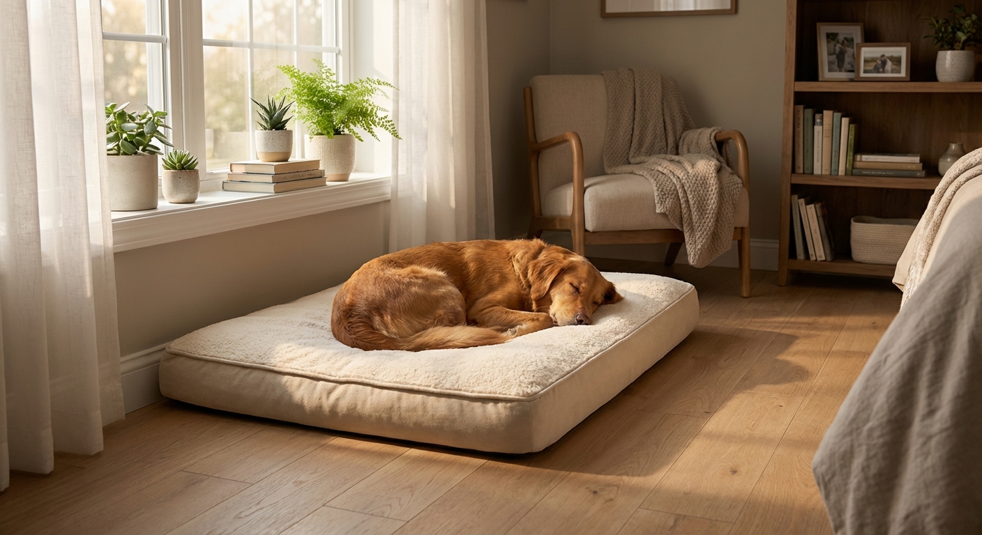 A quiet bedroom scene with a dog resting on a cushioned bed near a softly lit window