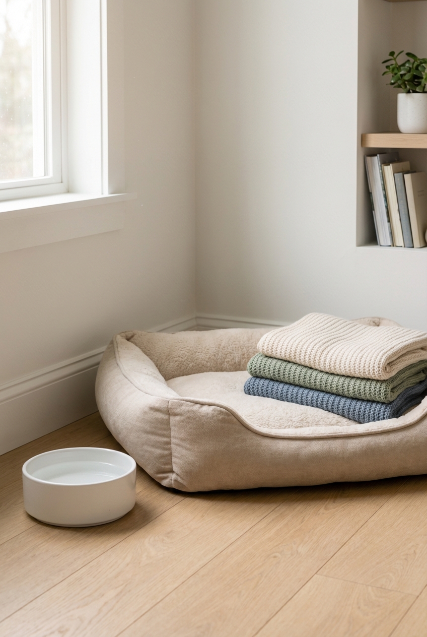 A quiet corner of a room set up with a low pet bed, folded blankets, and a small water bowl nearby