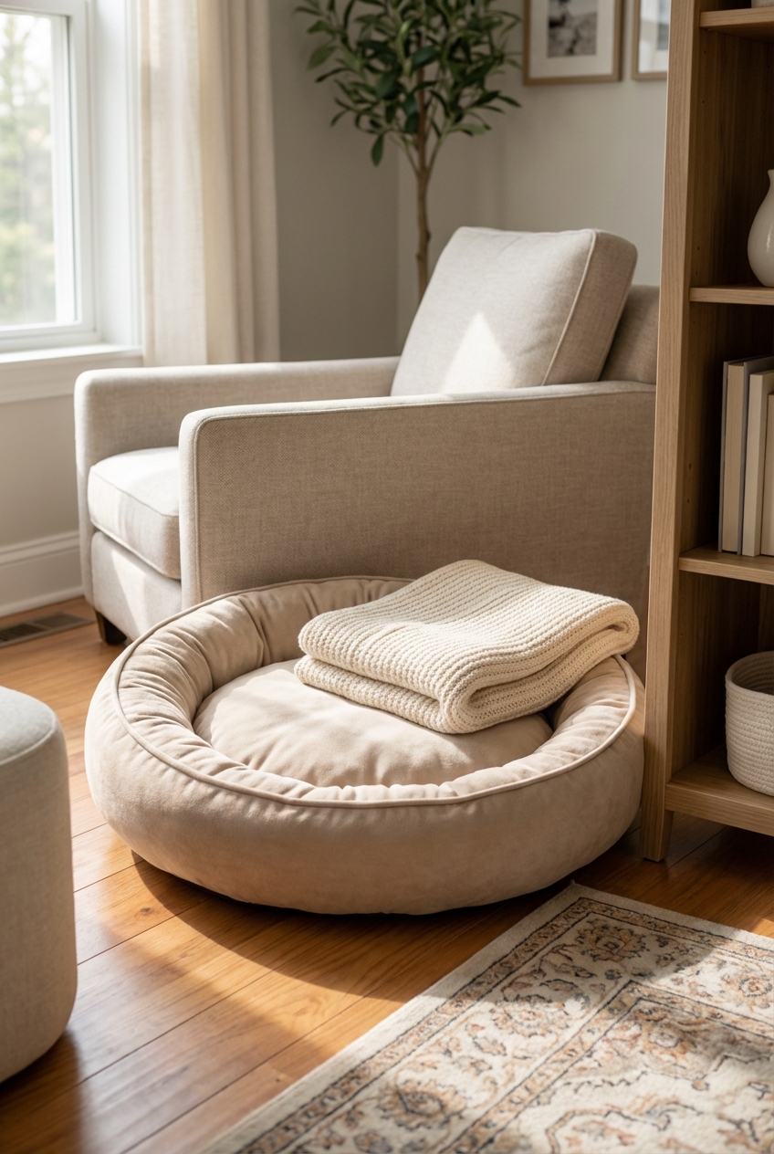 A quiet dog bed in a corner of a living room with a folded blanket on it