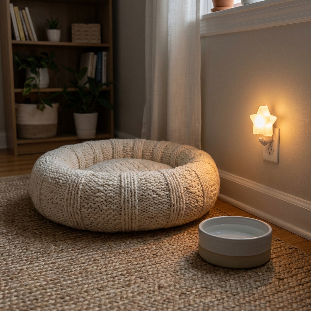 A quiet room with a cat bed on the floor near a low water bowl and a small night light