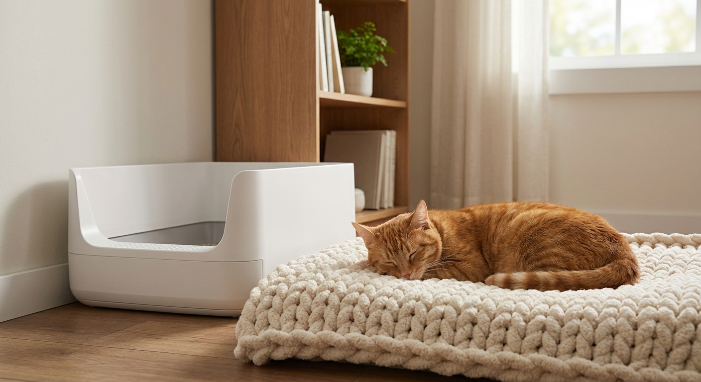 A quiet room with a cat resting on a plush bed next to a low-entry litter box