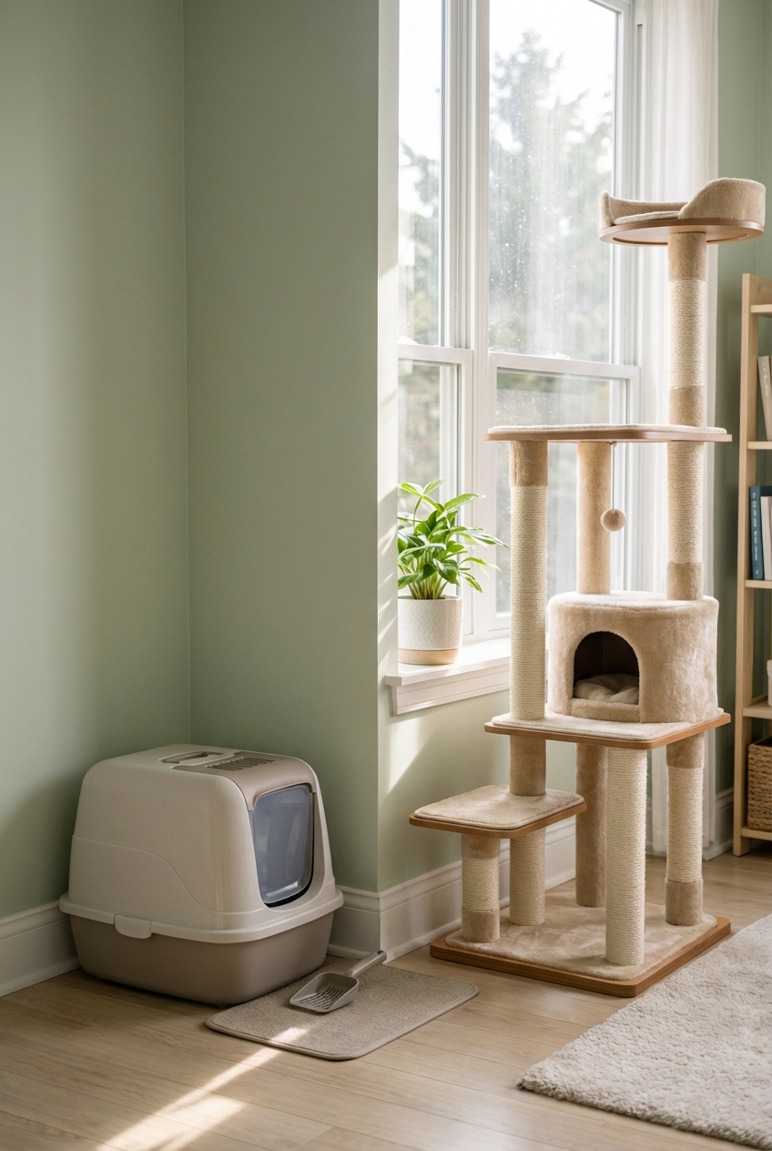 A quiet room with a cat tree by a window and a litter box placed in a separate corner
