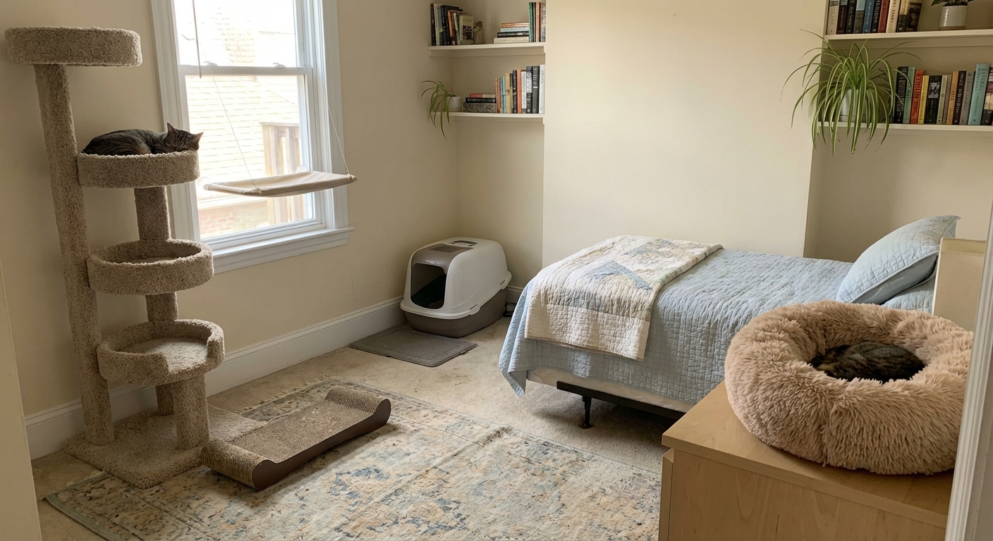 A quiet spare bedroom arranged as a cat safe room with a litter box, cat tree, scratcher, and bed