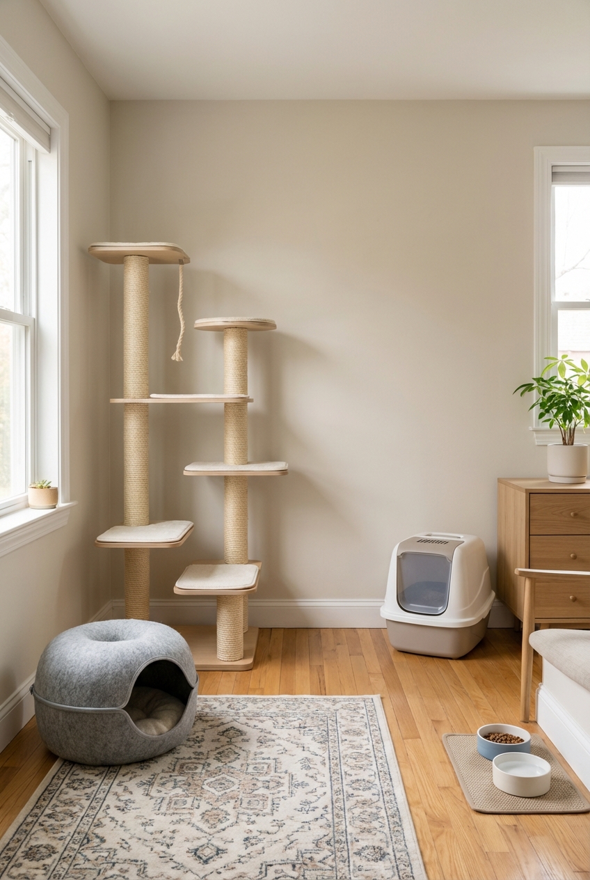 A quiet spare bedroom with a cat tree, scratching post, covered bed, and a litter box positioned away from food and water
