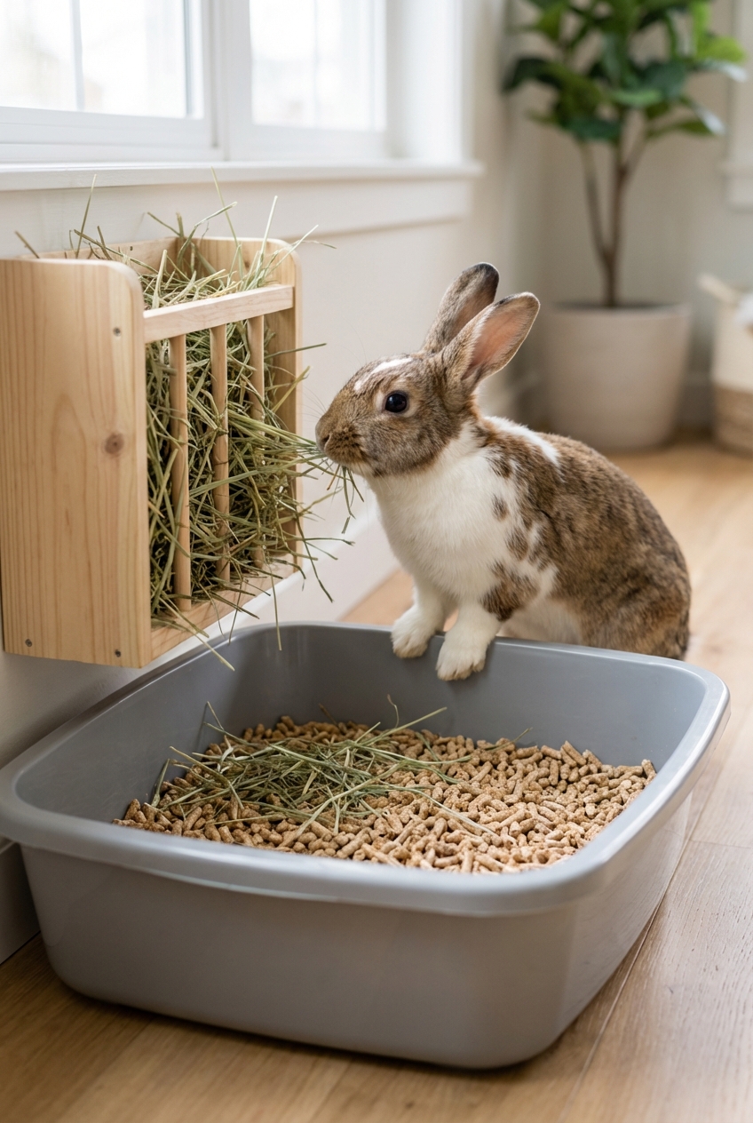 A rabbit eating hay from a rack positioned above a litter box