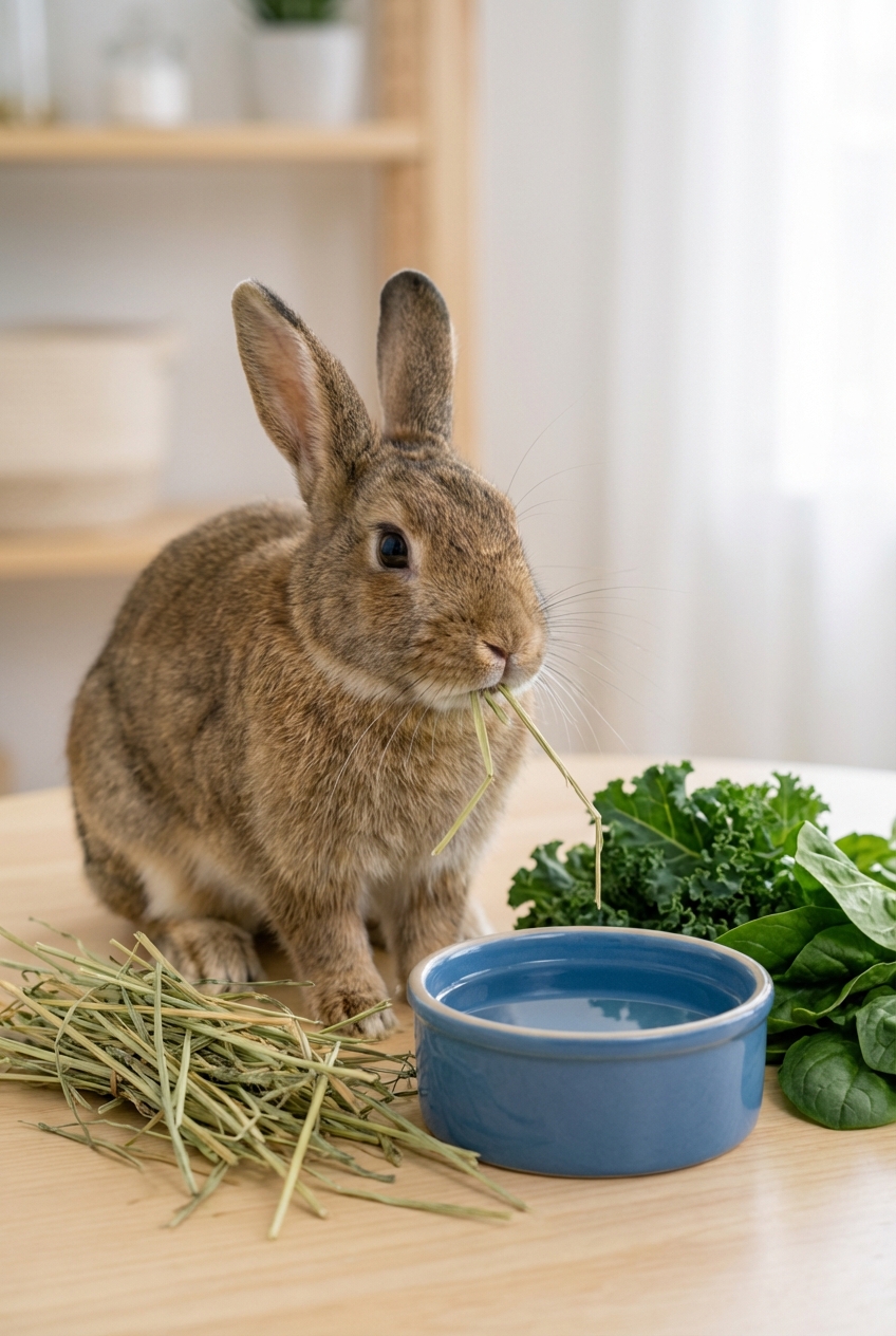 A rabbit eating timothy hay next to a ceramic water bowl and a pile of leafy greens