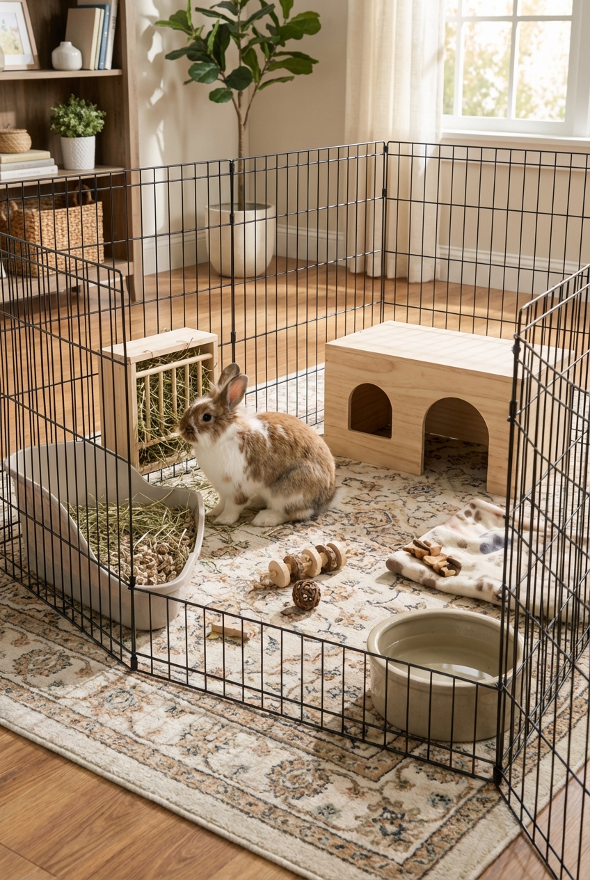 A rabbit exercise pen set up indoors with a hideout box, litter box, hay feeder, and water bowl