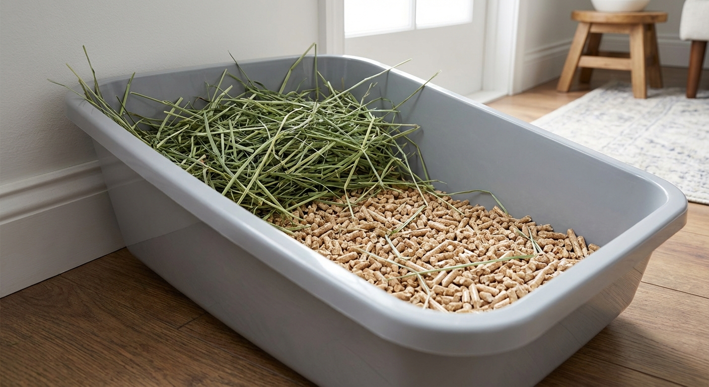 A rabbit litter box with a pile of fresh timothy hay placed at one end