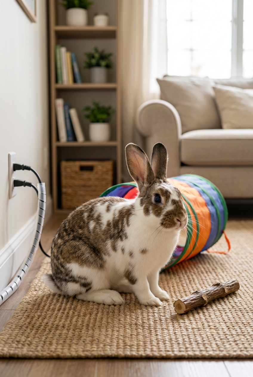 A rabbit sitting near a cord-protected living room area with a tunnel toy and a chew stick