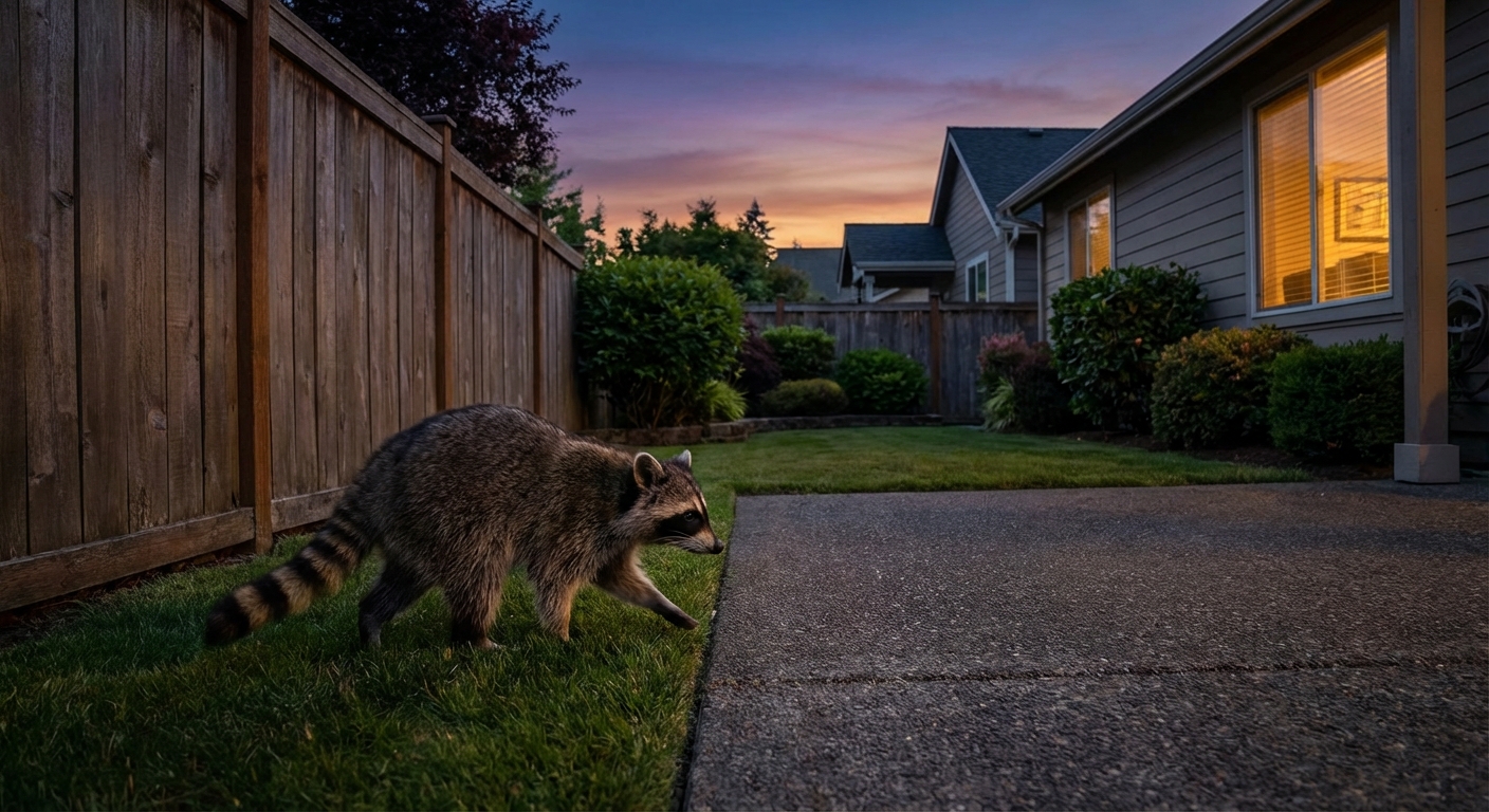 A raccoon walking near the edge of a suburban backyard at dusk