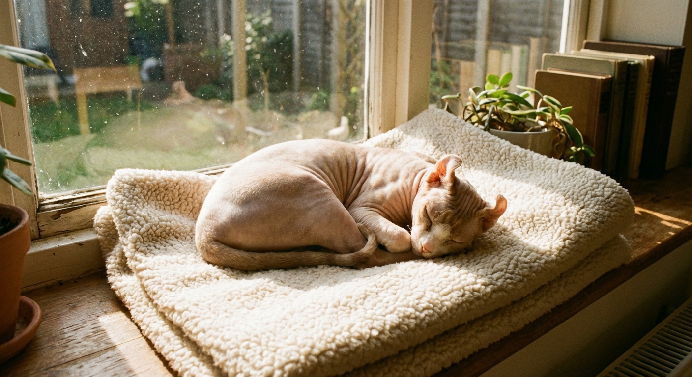 A real Elf cat curled up on a warm fleece blanket next to a sunny window, resting comfortably