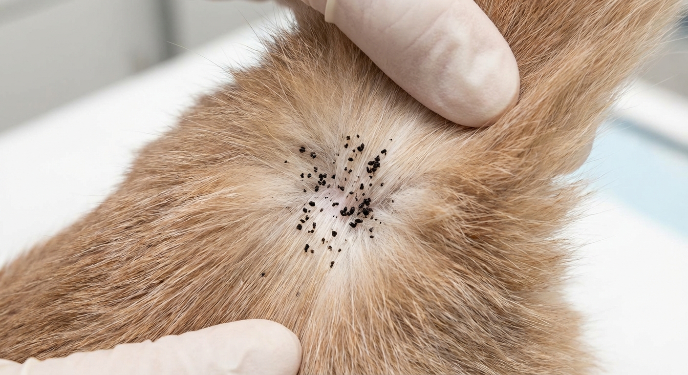 A real close-up photo of black flea dirt specks on a cat's fur near the tail base