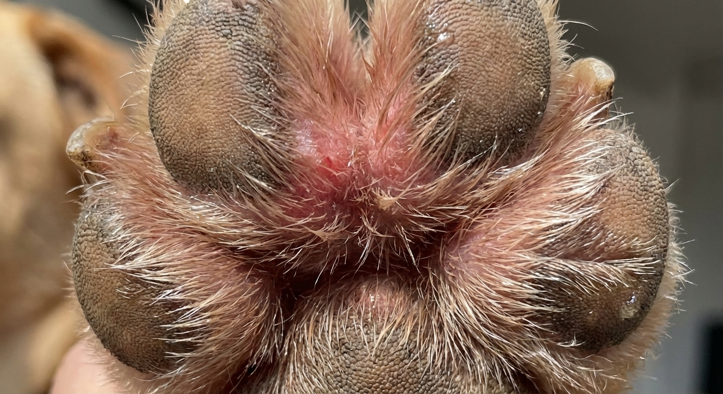A real close-up photograph of a dog paw with mild swelling and redness between two toes, fur slightly damp from licking