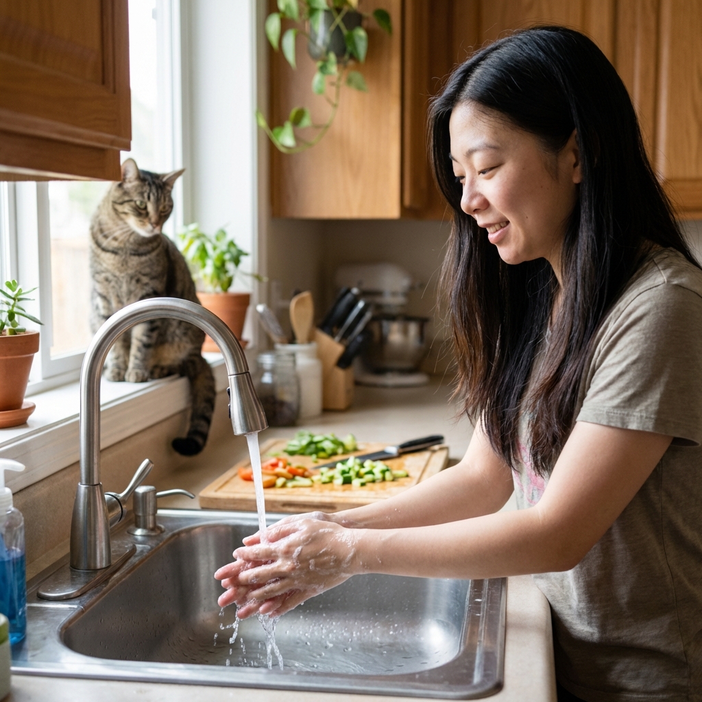 A real kitchen scene with a person washing hands at the sink next to a cutting board and a cat in the background