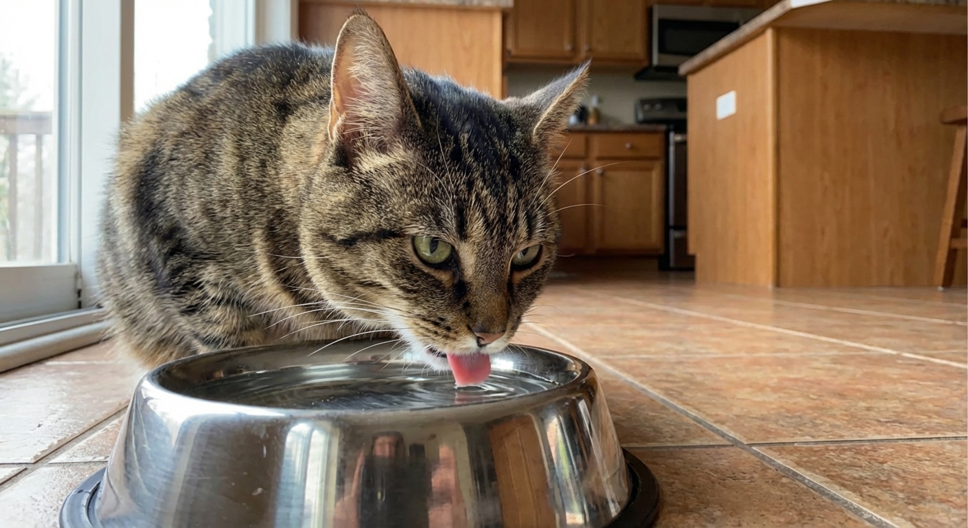 A real-life adult tabby cat leaning down to drink from a stainless steel water bowl on a kitchen floor, natural indoor light, candid pet photo