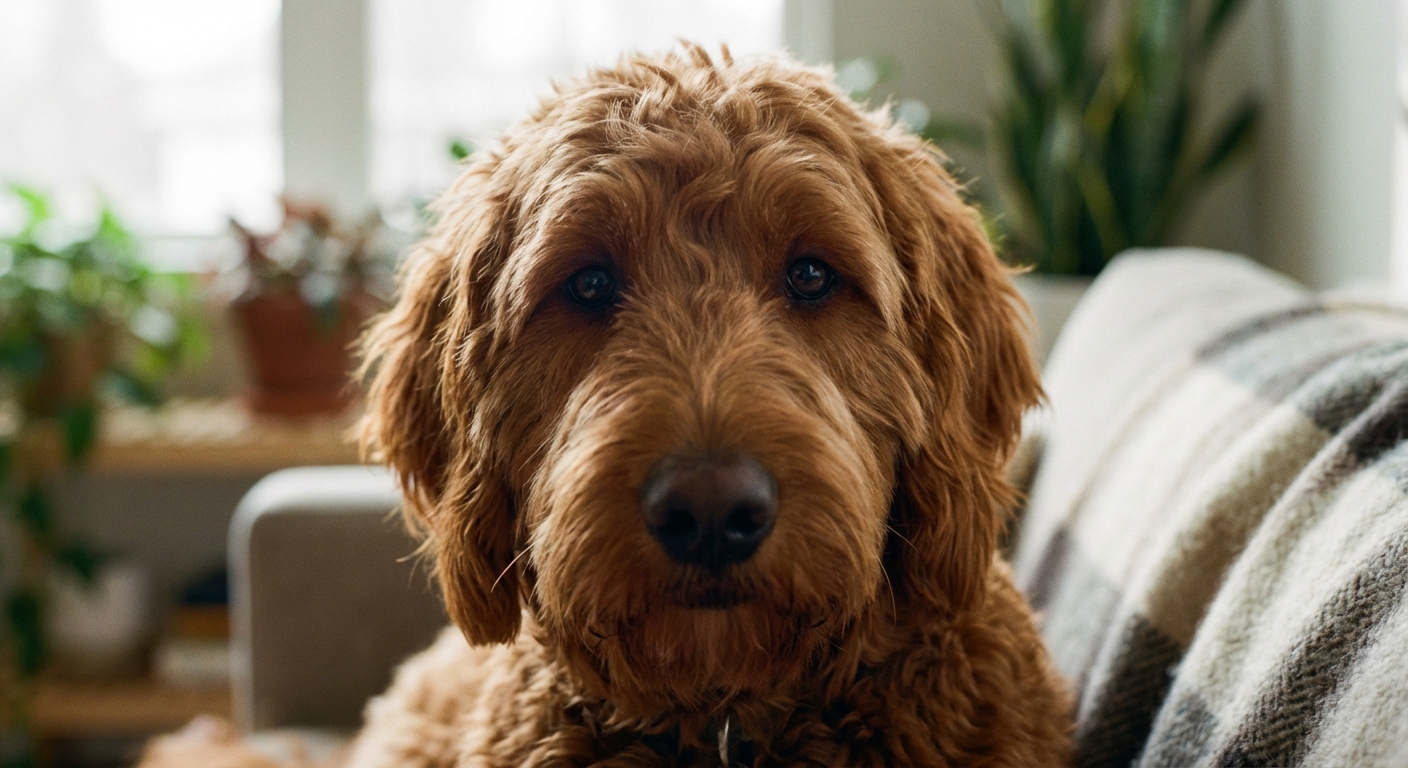 A real-life close-up portrait of an Irish Doodle with a wavy red coat and dark eyes, soft natural window light, shallow depth of field, realistic pet photography