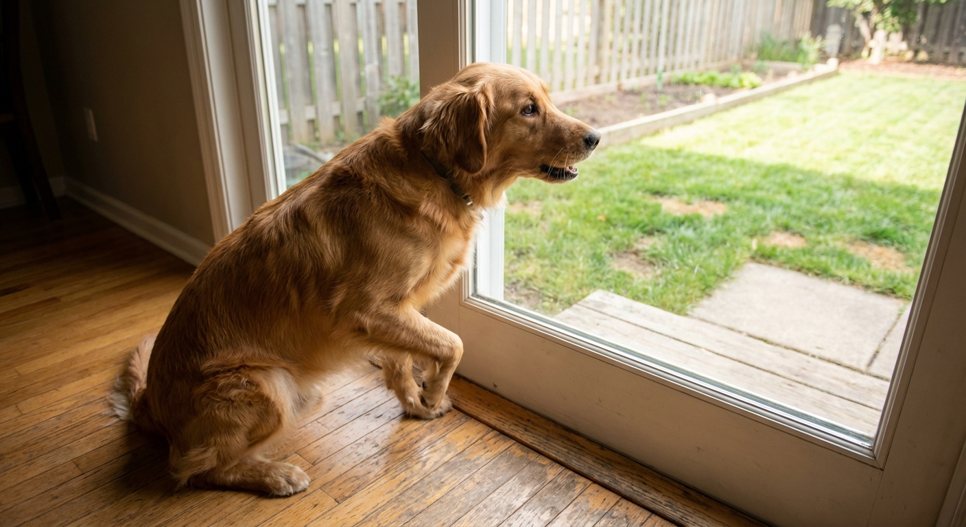 A real-life photograph of a dog sitting by a back door looking outside as if needing to go potty