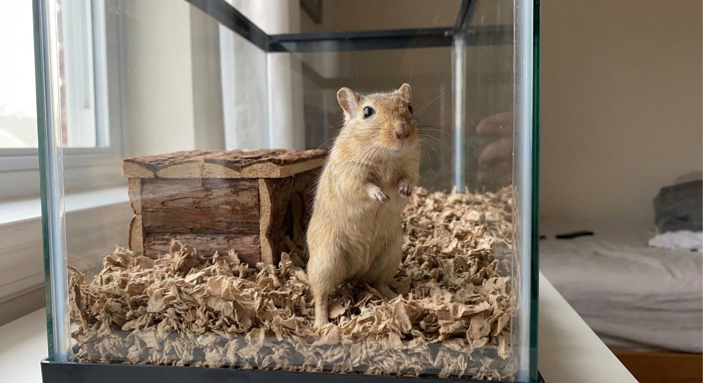 A real pet gerbil standing on hind legs inside a clean glass tank with paper bedding and a wooden hide, natural indoor lighting, photorealistic